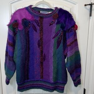 Mixed media vintage purple embroidered feathers embellished whimsical sweater L